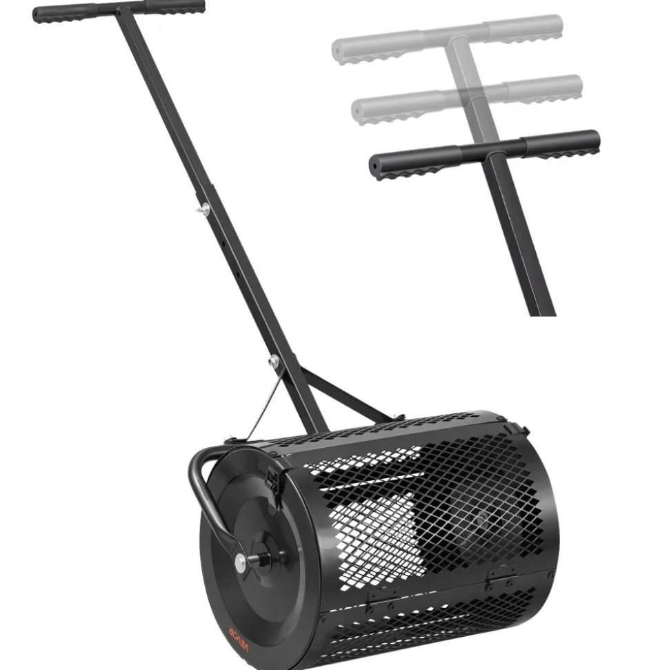 VEVOR Compost Spreader, 16.5" Wide Peat Moss Spreader with T Shaped Handle, 3 Heights Adjustable, Powder-Coated Steel Garden Peat Moss Roller, Heavy Duty Grass Seed Roller for Planting Seeding, Black
