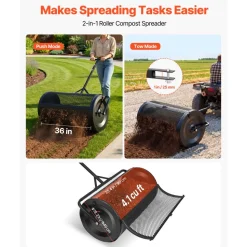 VEVOR Compost Spreader, 24" Wide Peat Moss Spreader with Push/Tow Handle & Brush, 4 Heights Adjustable, Powder-Coated Steel Garden Peat Moss Roller, Heavy Duty Grass Seed Roller for Planting Seeding