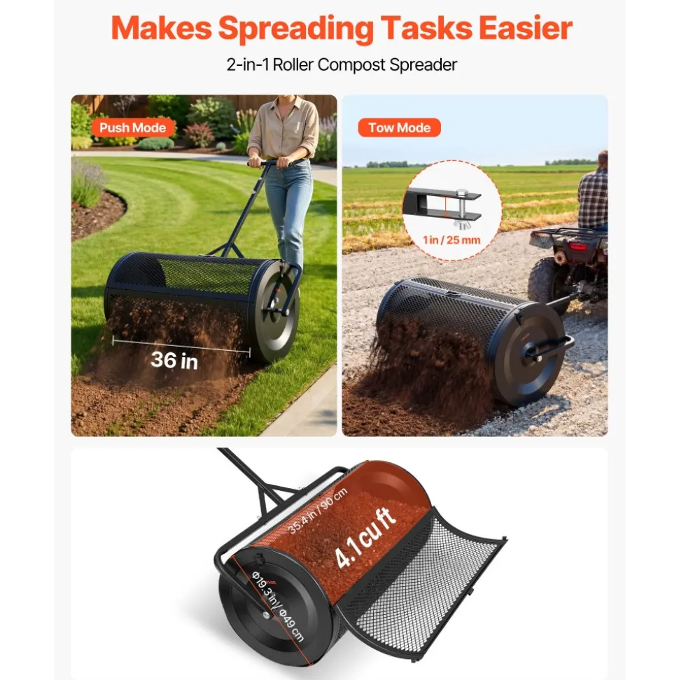 VEVOR Compost Spreader, 36" Wide Peat Moss Spreader with Push/Tow Handle, 4 Heights Adjustable, Powder-Coated Steel Garden Peat Moss Roller, Heavy Duty Grass Seed Roller for Planting Seeding, Black