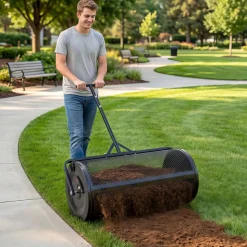 VEVOR Compost Spreader, 24" Wide Peat Moss Spreader with Push/Tow Handle & Brush, 4 Heights Adjustable, Powder-Coated Steel Garden Peat Moss Roller, Heavy Duty Grass Seed Roller for Planting Seeding
