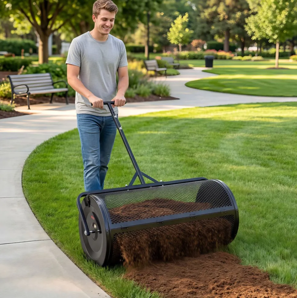 VEVOR Compost Spreader, 36" Wide Peat Moss Spreader with Push/Tow Handle, 4 Heights Adjustable, Powder-Coated Steel Garden Peat Moss Roller, Heavy Duty Grass Seed Roller for Planting Seeding, Black