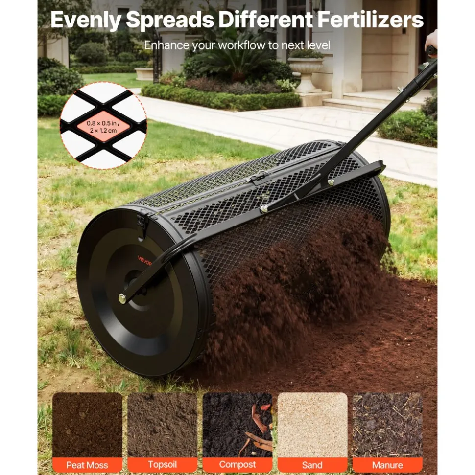 VEVOR Compost Spreader, 36" Wide Peat Moss Spreader with Push/Tow Handle, 4 Heights Adjustable, Powder-Coated Steel Garden Peat Moss Roller, Heavy Duty Grass Seed Roller for Planting Seeding, Black