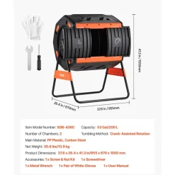 VEVOR Compost Tumbler, 53 Gallon Dual Chamber Outdoor Tumbling Composter with 2 Sliding Doors and Aeration System, Large Easy-Turn Rotating Composting Bin for Outside, Garden, Kitchen, and Yard Waste