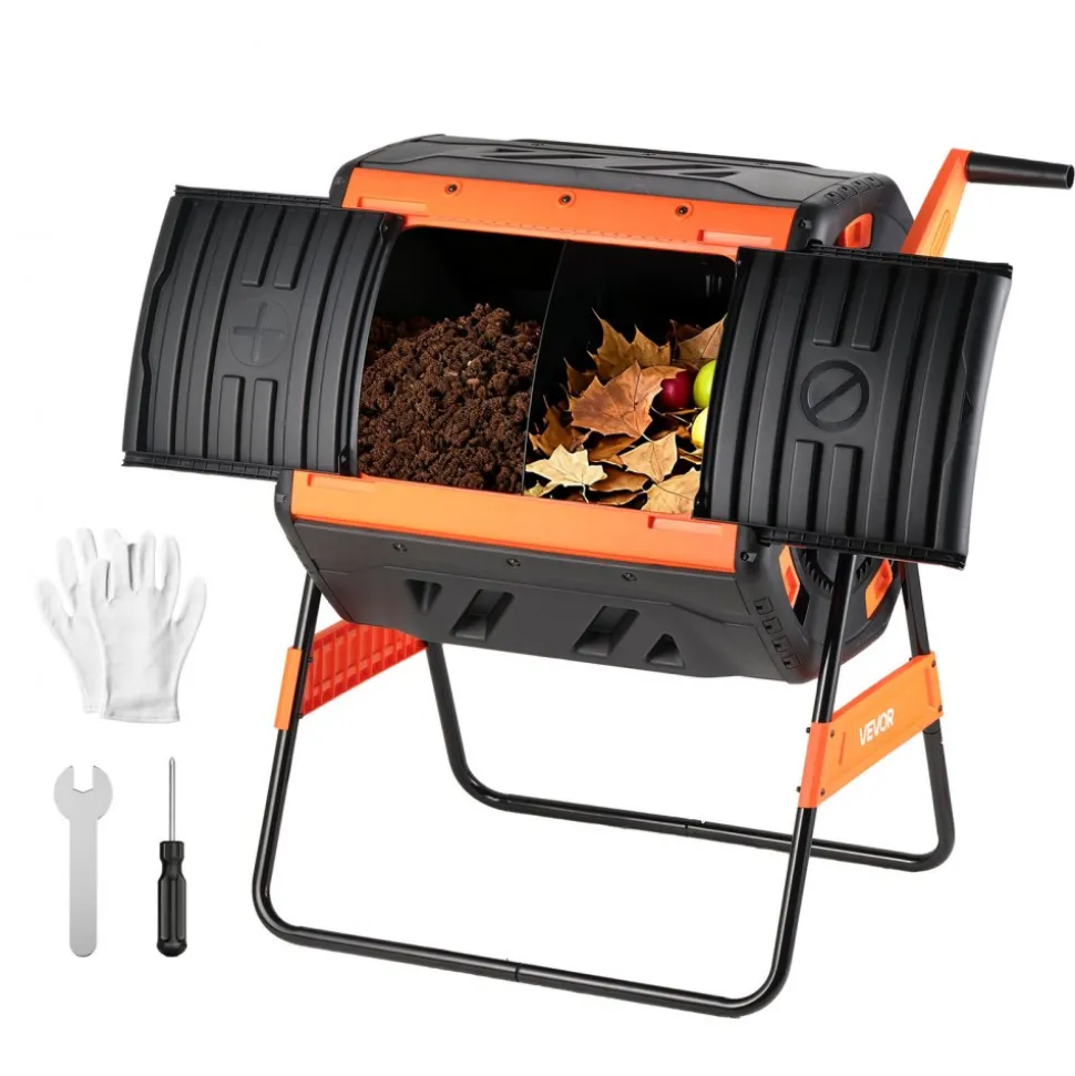 VEVOR Compost Tumbler, 53 Gallon Dual Chamber Outdoor Tumbling Composter with 2 Sliding Doors and Aeration System, Large Easy-Turn Rotating Composting Bin for Outside, Garden, Kitchen, and Yard Waste
