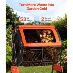 VEVOR Compost Tumbler, 53 Gallon Dual Chamber Outdoor Tumbling Composter with 2 Sliding Doors and Aeration System, Large Easy-Turn Rotating Composting Bin for Outside, Garden, Kitchen, and Yard Waste