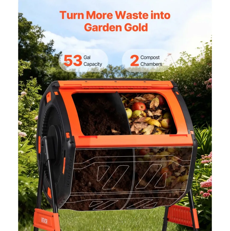 VEVOR Compost Tumbler, 53 Gallon Dual Chamber Outdoor Tumbling Composter with 2 Sliding Doors and Aeration System, Large Easy-Turn Rotating Composting Bin for Outside, Garden, Kitchen, and Yard Waste