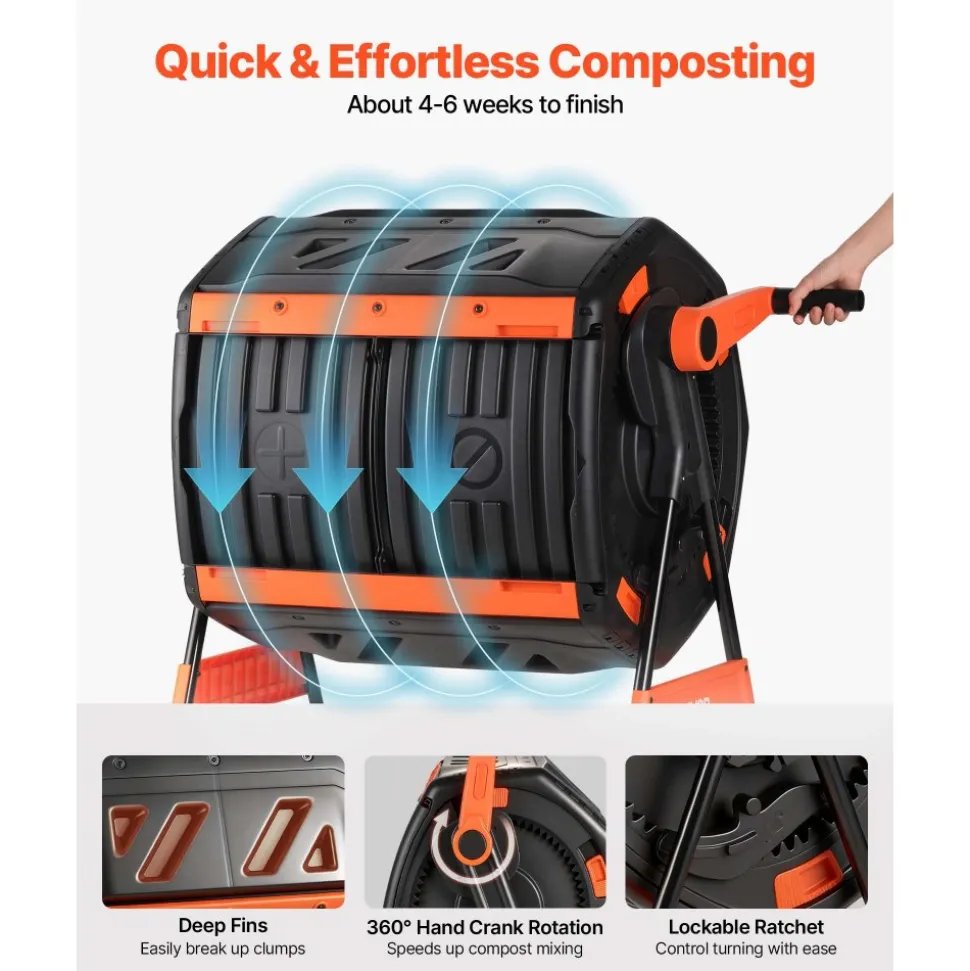 VEVOR Compost Tumbler, 53 Gallon Dual Chamber Outdoor Tumbling Composter with 2 Sliding Doors and Aeration System, Large Easy-Turn Rotating Composting Bin for Outside, Garden, Kitchen, and Yard Waste