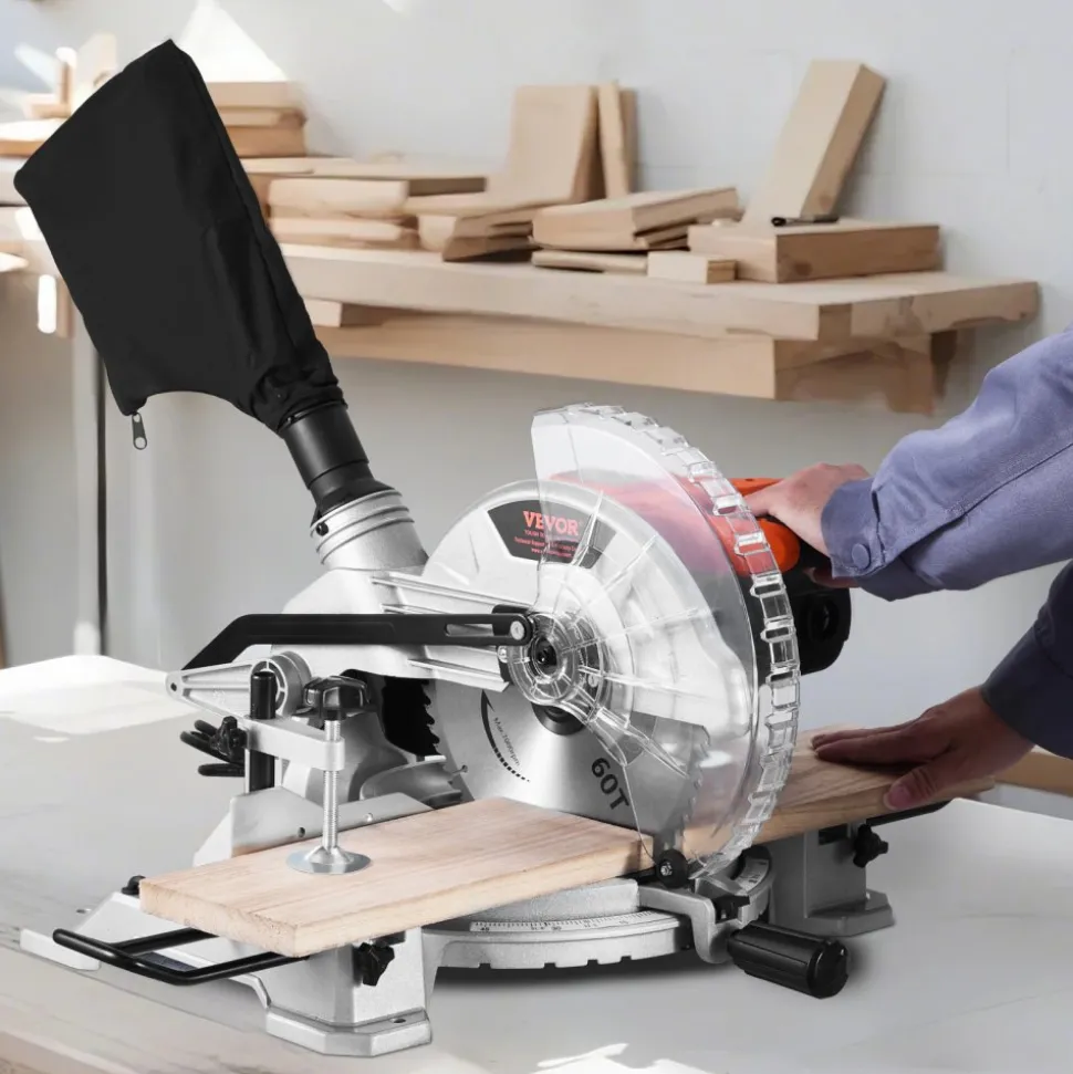 VEVOR Compound Miter Saw, 10-Inch Blade, 15 Amp Motor, 60-Tooth, Corded Single Bevel 0-45°, LED Precision Alignment, Angle Adjustable, Lightweight Cast Aluminum Base, for Wood, Composite Decking
