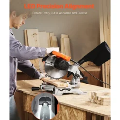 VEVOR Compound Miter Saw, 10-Inch Blade, 15 Amp Motor, 60-Tooth, Corded Single Bevel 0-45°, LED Precision Alignment, Angle Adjustable, Lightweight Cast Aluminum Base, for Wood, Composite Decking