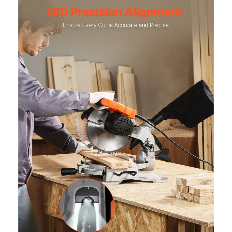 VEVOR Compound Miter Saw, 10-Inch Blade, 15 Amp Motor, 60-Tooth, Corded Single Bevel 0-45°, LED Precision Alignment, Angle Adjustable, Lightweight Cast Aluminum Base, for Wood, Composite Decking