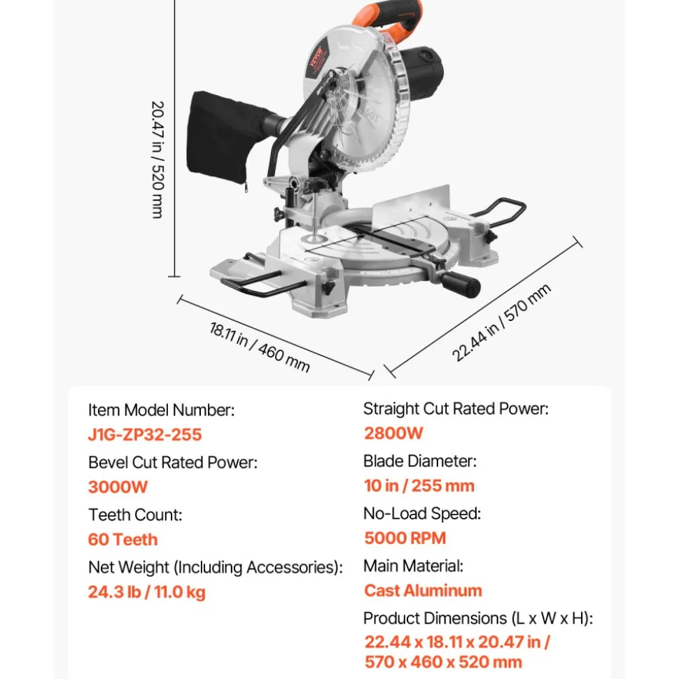 VEVOR Compound Miter Saw, 10-Inch Blade, 15 Amp Motor, 60-Tooth, Corded Single Bevel 0-45°, LED Precision Alignment, Angle Adjustable, Lightweight Cast Aluminum Base, for Wood, Composite Decking