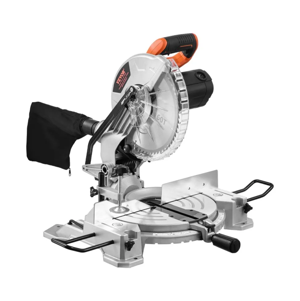 VEVOR Compound Miter Saw, 10-Inch Blade, 15 Amp Motor, 60-Tooth, Corded Single Bevel 0-45°, LED Precision Alignment, Angle Adjustable, Lightweight Cast Aluminum Base, for Wood, Composite Decking