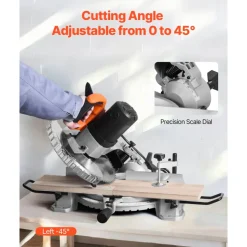 VEVOR Compound Miter Saw, 10-Inch Blade, 15 Amp Motor, 60-Tooth, Corded Single Bevel 0-45°, LED Precision Alignment, Angle Adjustable, Lightweight Cast Aluminum Base, for Wood, Composite Decking