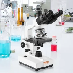 VEVOR Compound Trinocular Microscope, 40X-5000X Magnification Trinocular Compound Lab Microscope with Two-Layer Mechanical Stage, External Interface, LED Illumination and Microscope Slides Included
