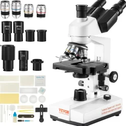 VEVOR Compound Trinocular Microscope, 40X-5000X Magnification Trinocular Compound Lab Microscope with Two-Layer Mechanical Stage, External Interface, LED Illumination and Microscope Slides Included