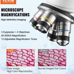 VEVOR Compound Trinocular Microscope, 40X-5000X Magnification Trinocular Compound Lab Microscope with Two-Layer Mechanical Stage, External Interface, LED Illumination and Microscope Slides Included