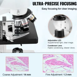 VEVOR Compound Trinocular Microscope, 40X-5000X Magnification Trinocular Compound Lab Microscope with Two-Layer Mechanical Stage, External Interface, LED Illumination and Microscope Slides Included