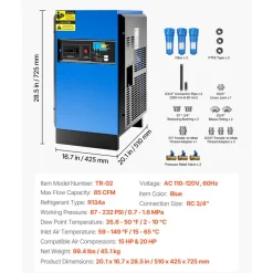 VEVOR Compressed Air Dryer, 85CFM Refrigerated Air Dryer, 110-120V Industrial Refrigerated Air-Drying System for 15HP & 20HP Compressors - with Color Screen Control Panel and Automatic Drainage