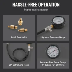 VEVOR Compression Tester Adapter Kit, 9 Pcs Automotive Engine Cylinder Leak Down Compression Test, Accurate Dual Scale Pressure Gauge 0-300 psi, with Long Reach Hoses and Case for Engine Cylinders