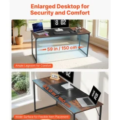 VEVOR Computer Desk, 63 Inch Office Gaming Desk for Home Office, Writing Study Work Modern Simple Table with Metal Frame for Large Legroom, Rustic Brown and Black