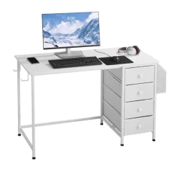 VEVOR Computer Desk with Fabric Drawers, 47 Inch Reversible Study Work Writing Desk for Modern Home Office Bedroom, Simple Modern Cute PC Table Metal Frame Business Furniture, White