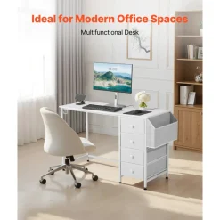 VEVOR Computer Desk with Fabric Drawers, 47 Inch Reversible Study Work Writing Desk for Modern Home Office Bedroom, Simple Modern Cute PC Table Metal Frame Business Furniture, White