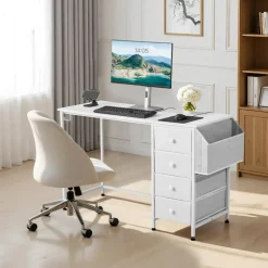 VEVOR Computer Desk with Fabric Drawers, 47 Inch Reversible Study Work Writing Desk for Modern Home Office Bedroom, Simple Modern Cute PC Table Metal Frame Business Furniture, White