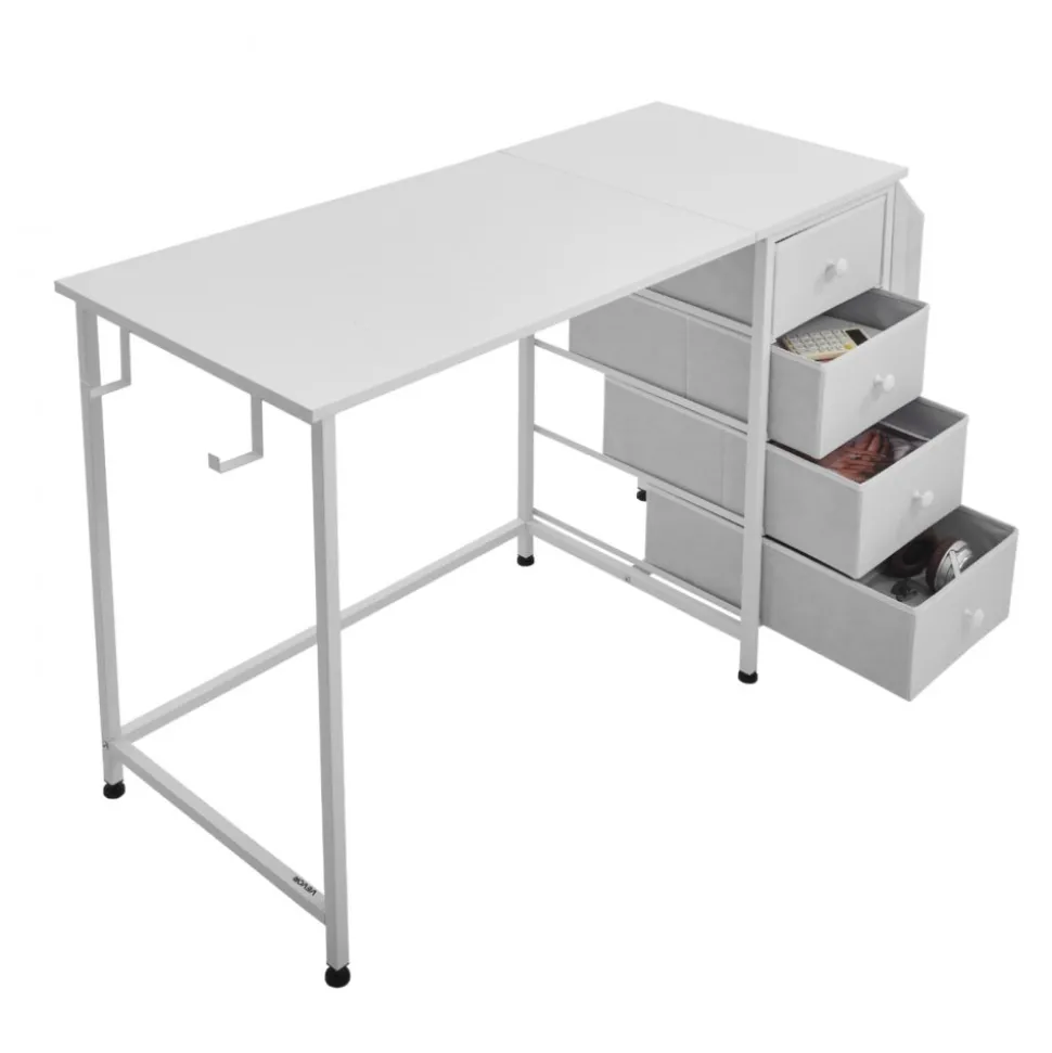 VEVOR Computer Desk with Fabric Drawers, 47 Inch Reversible Study Work Writing Desk for Modern Home Office Bedroom, Simple Modern Cute PC Table Metal Frame Business Furniture, White