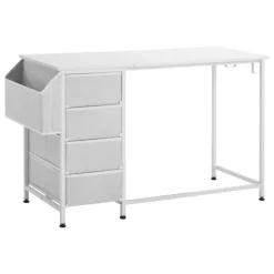 VEVOR Computer Desk with Fabric Drawers, 47 Inch Reversible Study Work Writing Desk for Modern Home Office Bedroom, Simple Modern Cute PC Table Metal Frame Business Furniture, White