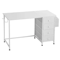 VEVOR Computer Desk with Fabric Drawers, 47 Inch Reversible Study Work Writing Desk for Modern Home Office Bedroom, Simple Modern Cute PC Table Metal Frame Business Furniture, White