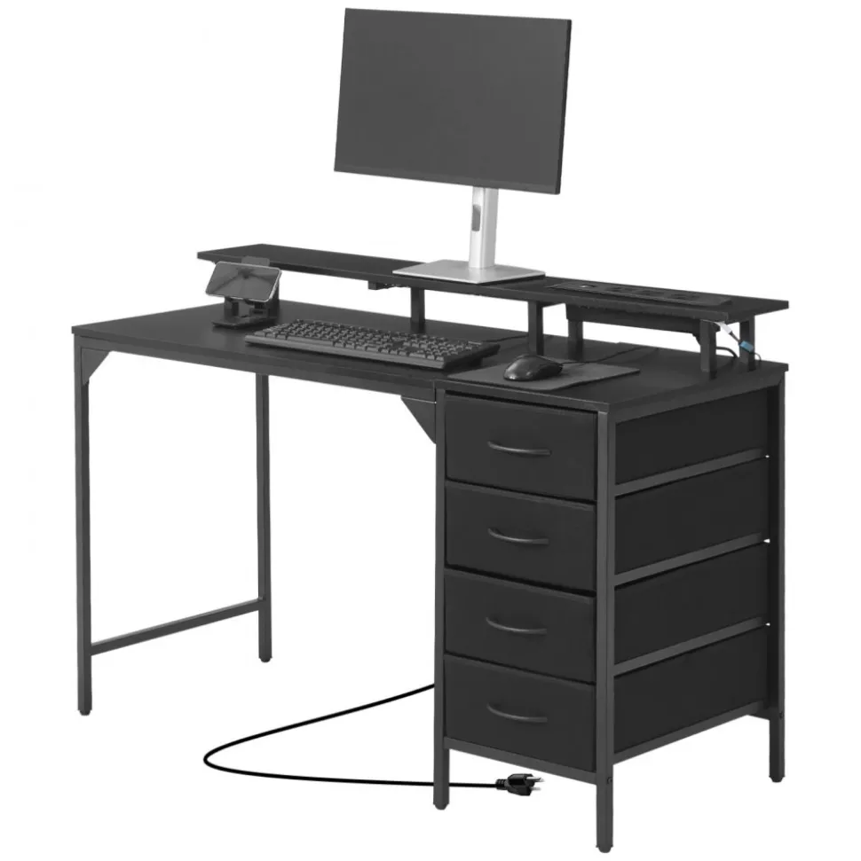 VEVOR 47" Computer Desk with LED Lights & Power Outlets, Gaming Table with 4 Large Drawers, Office Desk with Monitor Stand, Study Work Home Office, Small Spaces, Black