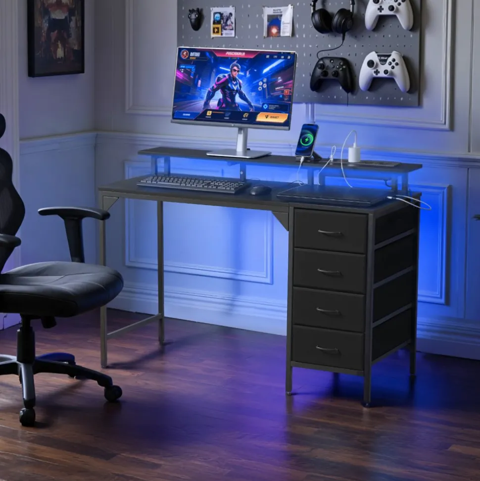 VEVOR 47" Computer Desk with LED Lights & Power Outlets, Gaming Table with 4 Large Drawers, Office Desk with Monitor Stand, Study Work Home Office, Small Spaces, Black
