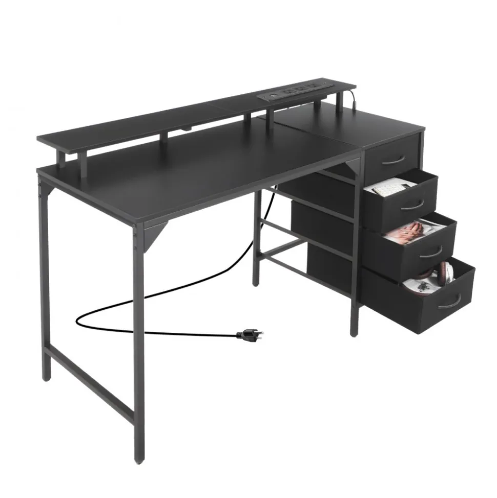VEVOR 47" Computer Desk with LED Lights & Power Outlets, Gaming Table with 4 Large Drawers, Office Desk with Monitor Stand, Study Work Home Office, Small Spaces, Black