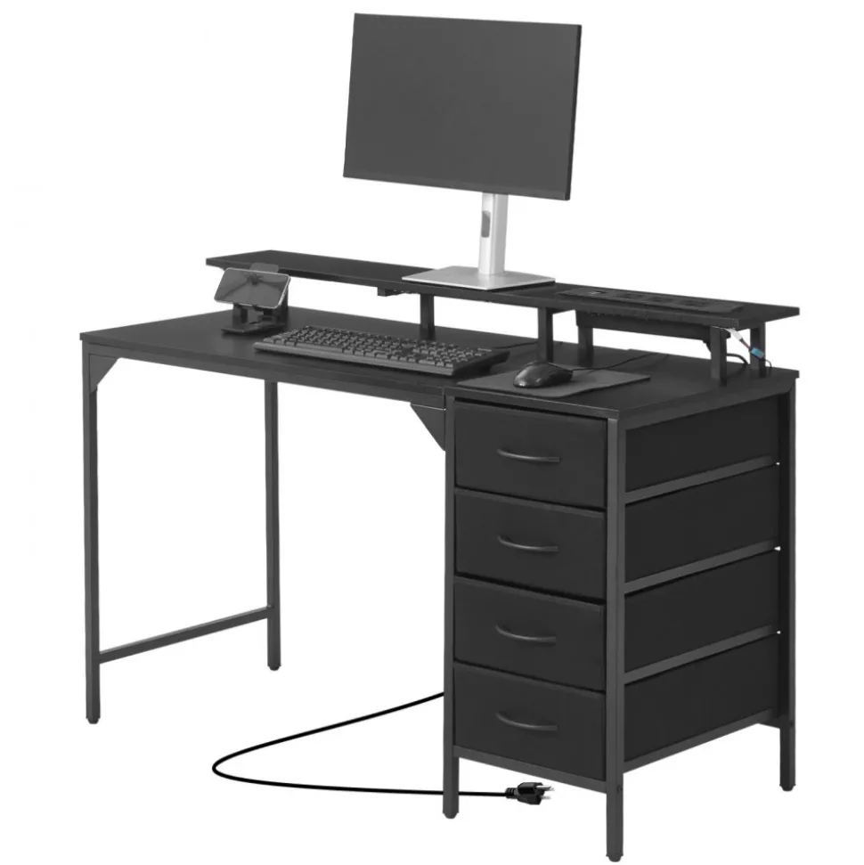 VEVOR 47" Computer Desk with LED Lights & Power Outlets, Gaming Table with 4 Large Drawers, Office Desk with Monitor Stand, Study Work Home Office, Small Spaces, Black