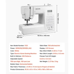 VEVOR Computerized Sewing Machine, 200 Stitch Applications, with LCD Screen, Foot Pedal and LED Light, Heavy-Duty Metal Frame, Digital Sewing Machine with Powerful Motor for Crafts and Mending