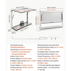 VEVOR Concession Window Folding Shelf 48x36in Aluminum Alloy Service Window, for Food Truck, Up to 85 Degrees, with Awning Door and Drag Hook, Rainwater Resistant