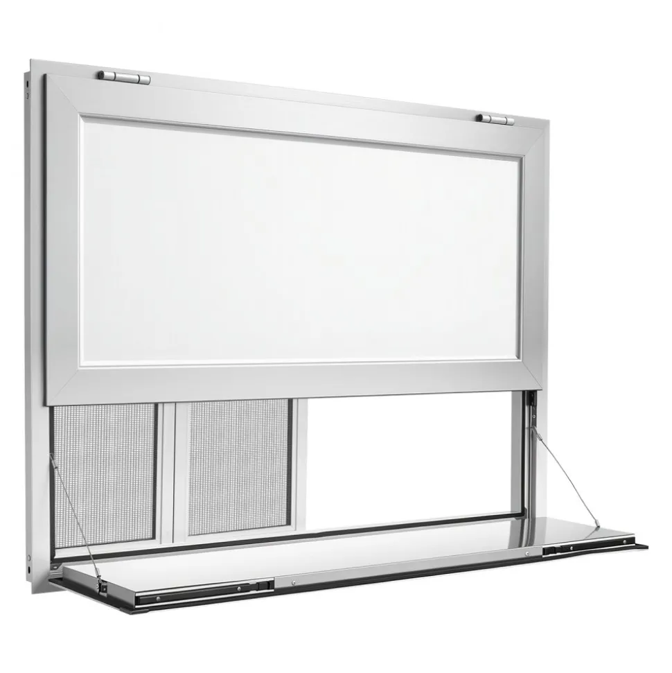 VEVOR Concession Window Folding Shelf 48x36in Aluminum Alloy Service Window, for Food Truck, Up to 85 Degrees, with 4 Sliding Screen Windows, Awning Door and Drag Hook, Rainwater Resistant