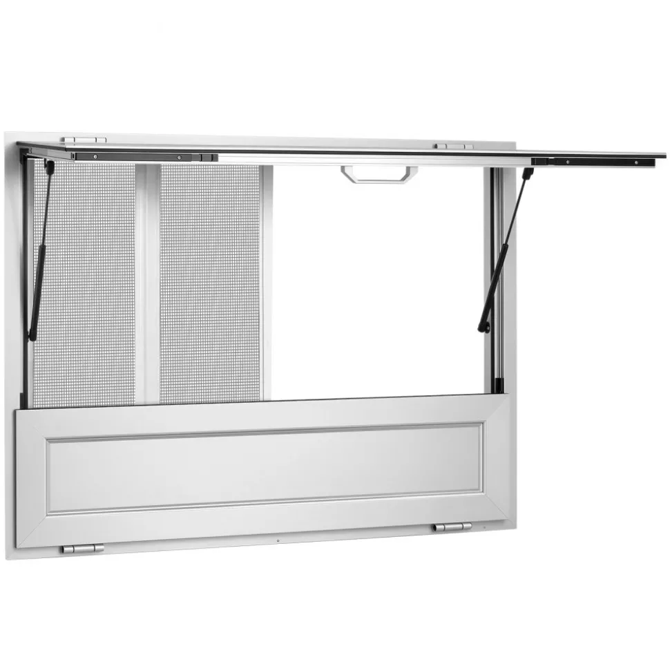 VEVOR Concession Window Folding Shelf 48x36in Aluminum Alloy Service Window, for Food Truck, Up to 85 Degrees, with 4 Sliding Screen Windows, Awning Door and Drag Hook, Rainwater Resistant