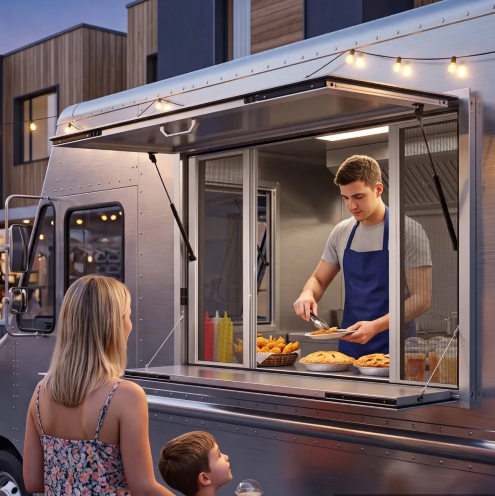 VEVOR Concession Window Folding Shelf 48x36in Aluminum Alloy Service Window, for Food Truck, Up to 85 Degrees, with 4 Sliding Screen Windows, Awning Door and Drag Hook, Rainwater Resistant