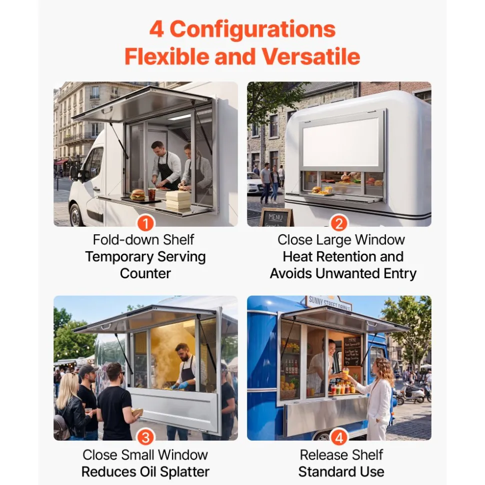 VEVOR Concession Window Folding Shelf 48x36in Aluminum Alloy Service Window, for Food Truck, Up to 85 Degrees, with 4 Sliding Screen Windows, Awning Door and Drag Hook, Rainwater Resistant