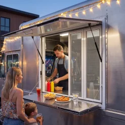VEVOR Concession Window Folding Shelf 36x36in Aluminum Alloy Service Window, for Food Truck, Up to 85 Degrees, with 4 Sliding Screen Windows, Awning Door and Drag Hook, Rainwater Resistant