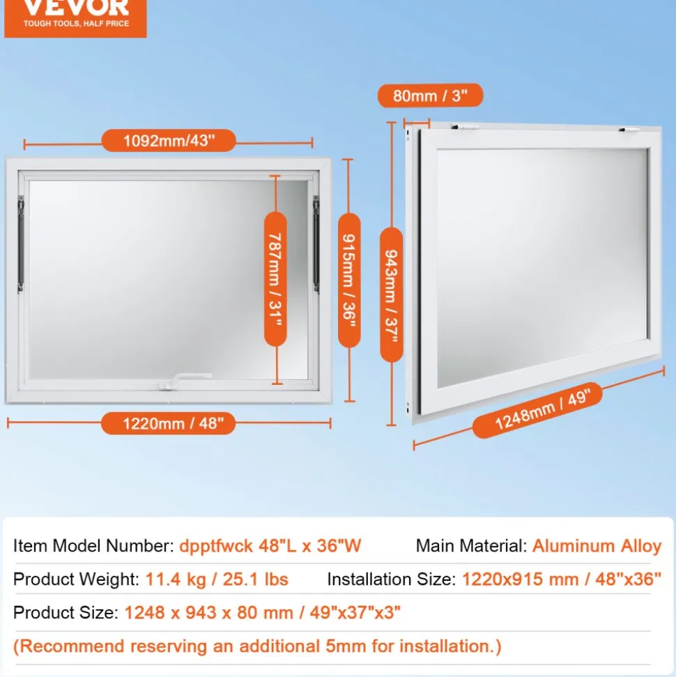 VEVOR Concession Window for Food Truck, 48"x36" Aluminum Alloy Food Truck Service Window, Up to 85 Degrees Stand Serving Window with Awning Door & Drag Hook, for Food Trucks Concession Trailers