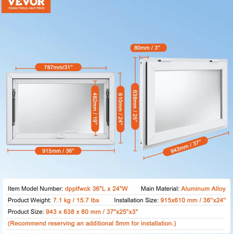 VEVOR Concession Window for Food Truck, 36"x24" Aluminum Alloy Food Truck Service Window, Up to 85 Degrees Stand Serving Window with Awning Door & Drag Hook, for Food Trucks Concession Trailers