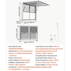 VEVOR Concession Window 48x36 in Aluminum Alloy Service Window, for Food Truck, Up to 85 Degrees Stand Serving with 2 Fixed & 2 Sliding Windows, Awning Door and Drag Hook, Rainwater Resistant