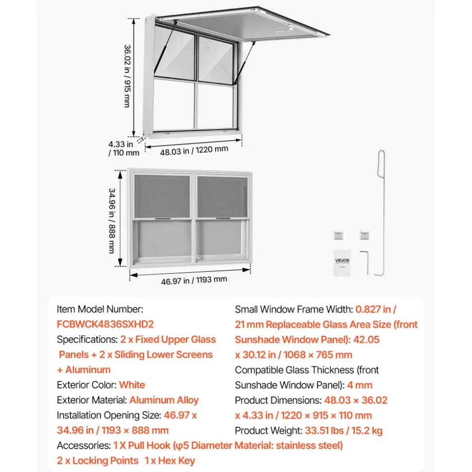 VEVOR Concession Window 48x36 in Aluminum Alloy Service Window, for Food Truck, Up to 85 Degrees Stand Serving with 2 Fixed & 2 Sliding Windows, Awning Door and Drag Hook, Rainwater Resistant
