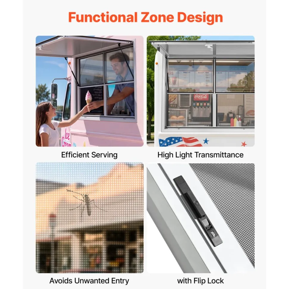 VEVOR Concession Window 48x36 in Aluminum Alloy Service Window, for Food Truck, Up to 85 Degrees Stand Serving with 2 Fixed & 2 Sliding Windows, Awning Door and Drag Hook, Rainwater Resistant