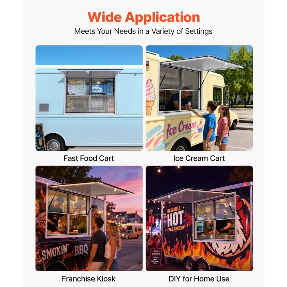 VEVOR Concession Window 48x36 in Aluminum Alloy Service Window, for Food Truck, Up to 85 Degrees Stand Serving with 2 Fixed & 2 Sliding Windows, Awning Door and Drag Hook, Rainwater Resistant