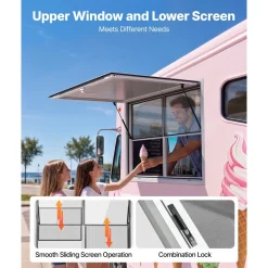 VEVOR Concession Window 48x36 in Aluminum Alloy Service Window, for Food Truck, Up to 85 Degrees Stand Serving with 2 Fixed & 2 Sliding Windows, Awning Door and Drag Hook, Rainwater Resistant