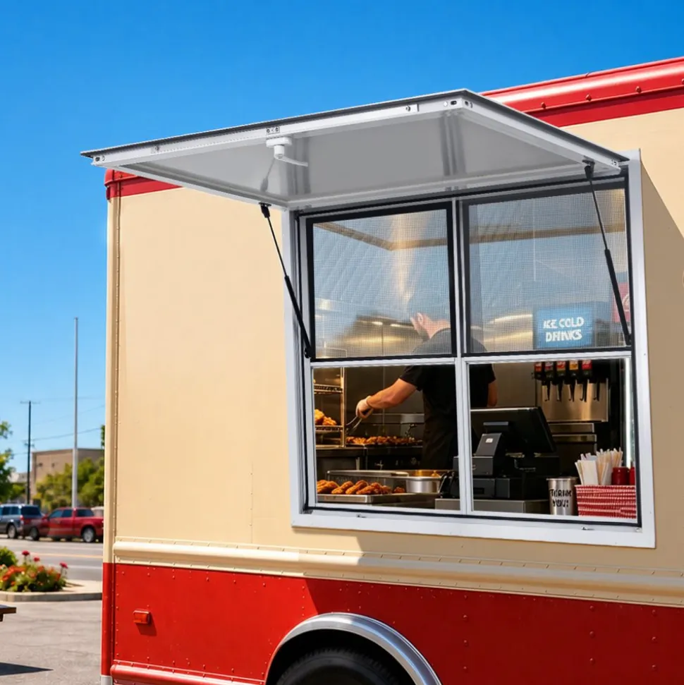 VEVOR Concession Window 48x36 in Aluminum Alloy Service Window, for Food Truck, Up to 85 Degrees Stand Serving with 2 Fixed & 2 Sliding Windows, Awning Door and Drag Hook, Rainwater Resistant