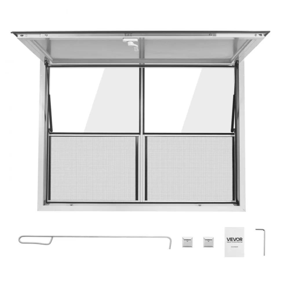 VEVOR Concession Window 48x36 in Aluminum Alloy Service Window, for Food Truck, Up to 85 Degrees Stand Serving with 2 Fixed & 2 Sliding Windows, Awning Door and Drag Hook, Rainwater Resistant